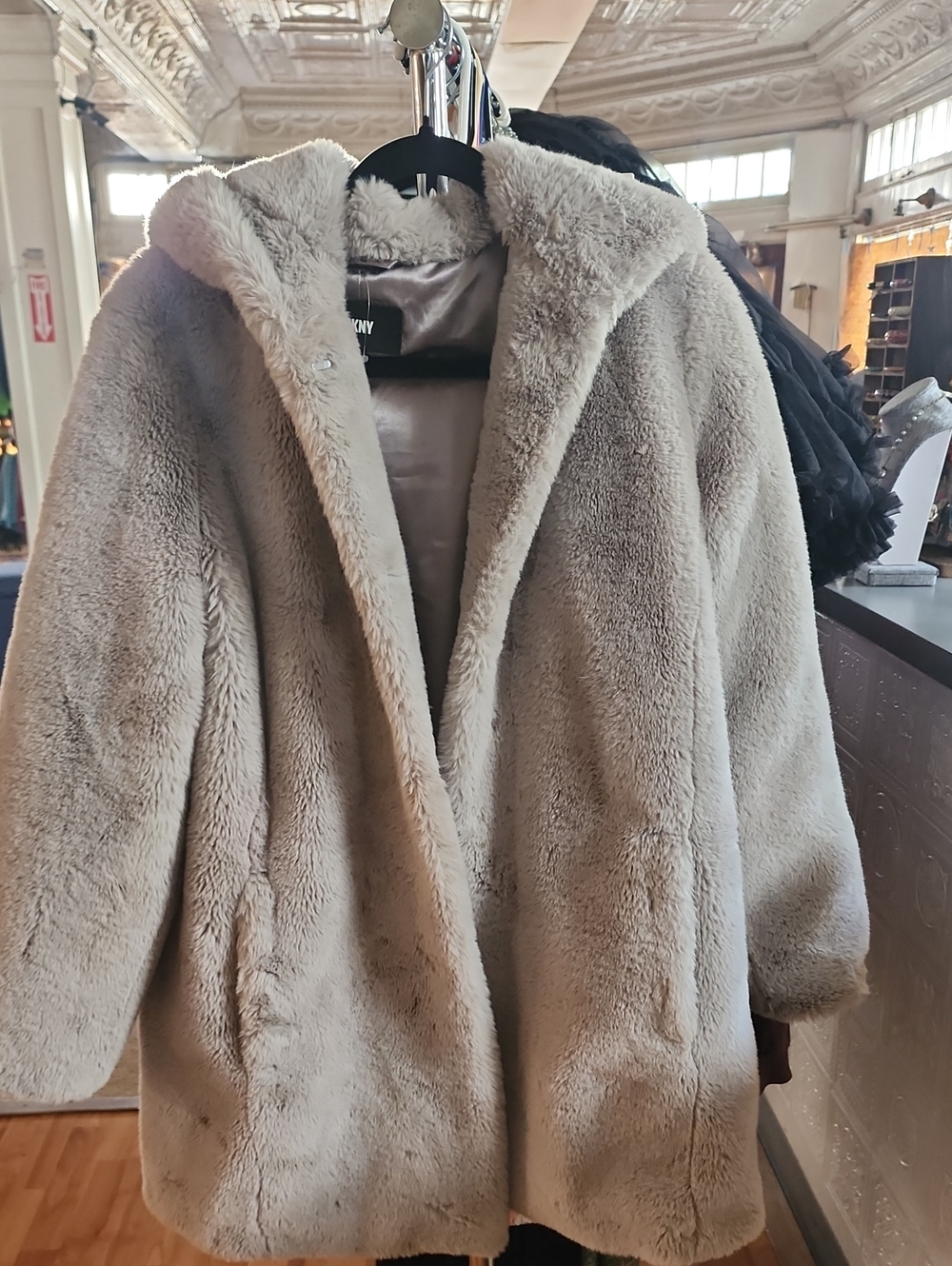 DKNY New York Faux Fur Coat Women's Small Gray Plush Teddy Jacket